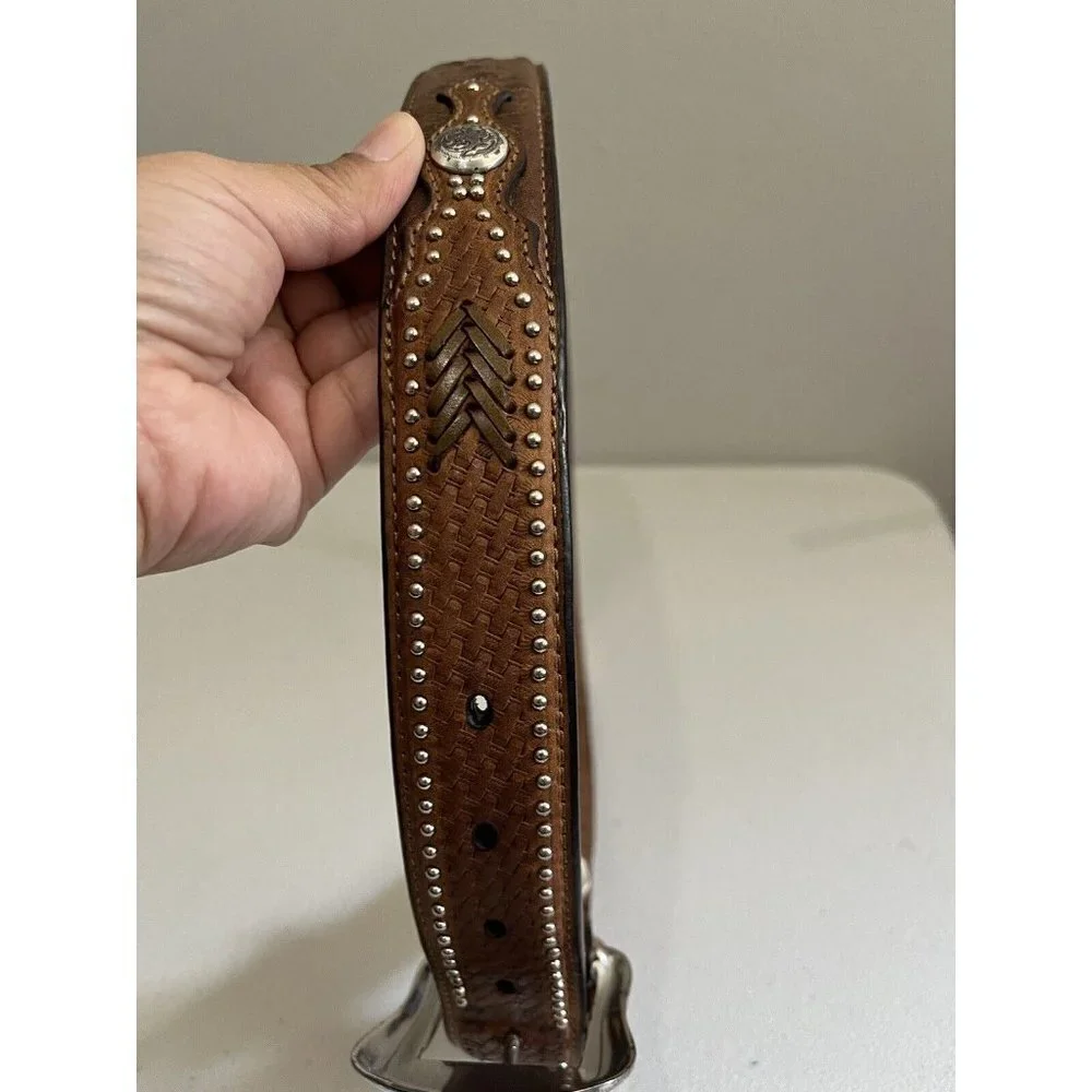 Nocona Belt Western Brown Leather Men Size 40 Embellished Basket Weave